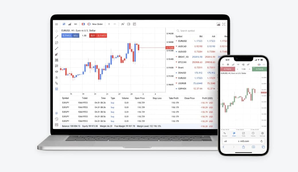 The MetaTrader 5 trading terminal on a laptop and a phone